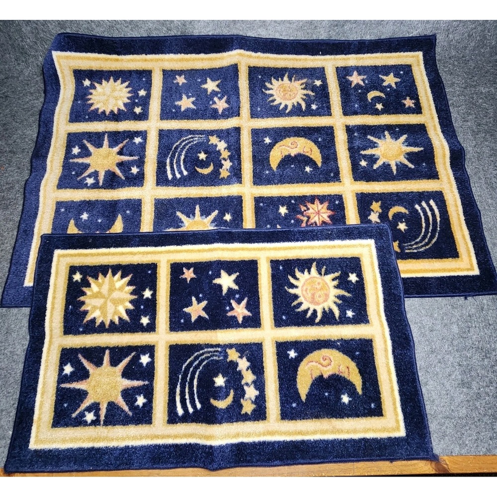 Vintage 90s Celestial Sun Moon Stars Galaxy Bath Floor Rug Mats Carpet 2pc Set